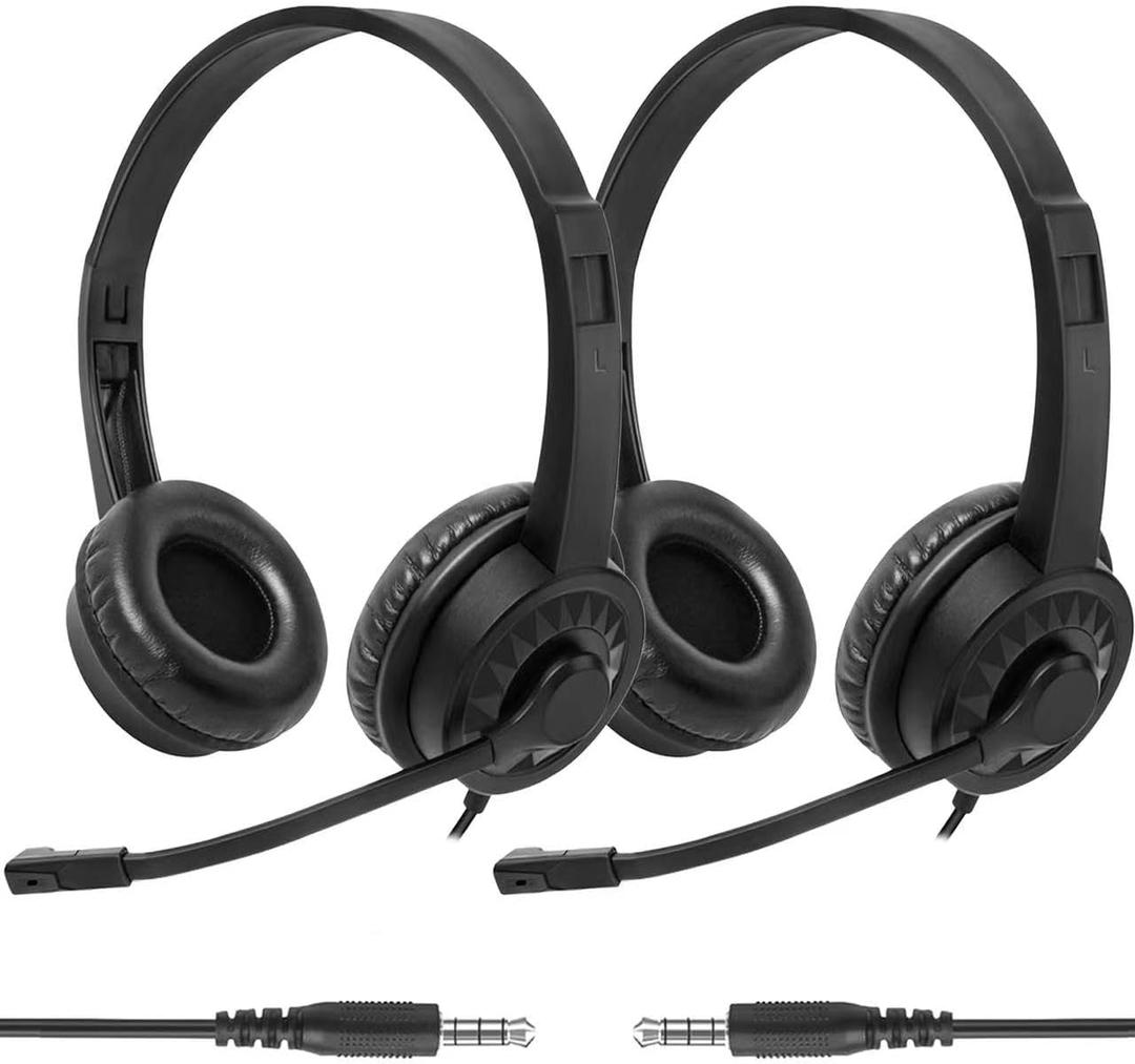 2 Pack Bulk Headphones with Microphone for Classroom Kids, On-Ear Wired Computer Headset with Rotating Mic for School Students K-12 Chromebooks PC Laptop Office Meetings, Black