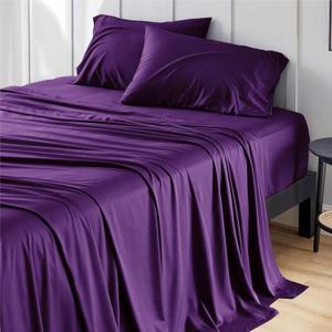 Bedsure Queen Sheet Set, Rayon Derived from Bamboo, Cooling Sheets, PureWoven, Breathable & Soft, Deep Pocket Up to 16 Inches, Hotel Luxury Silky Bedding for Hot Sleepers, Plum