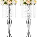 2 Pcs 21.3 inches Tall Crystal Metal Vase Wedding Road Lead Flower Holders Centerpiece Crystal Flower Chandelier Metal Flower Vase for Reception Tables Wedding Supplies (Silver)