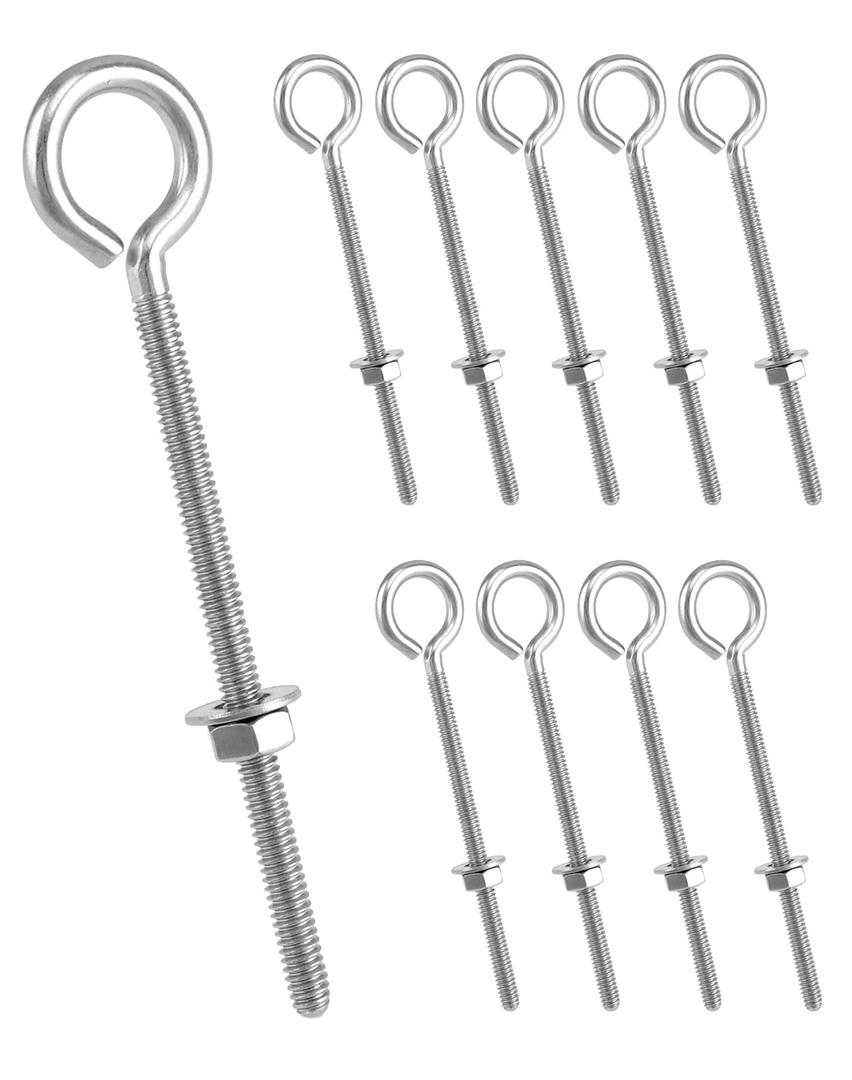 QWORK Eye Bolts, 10 Pack 1/4" x 4" Stainless Steel Long Threaded Eyebolts with Nuts, for Hanging or Securing Cables