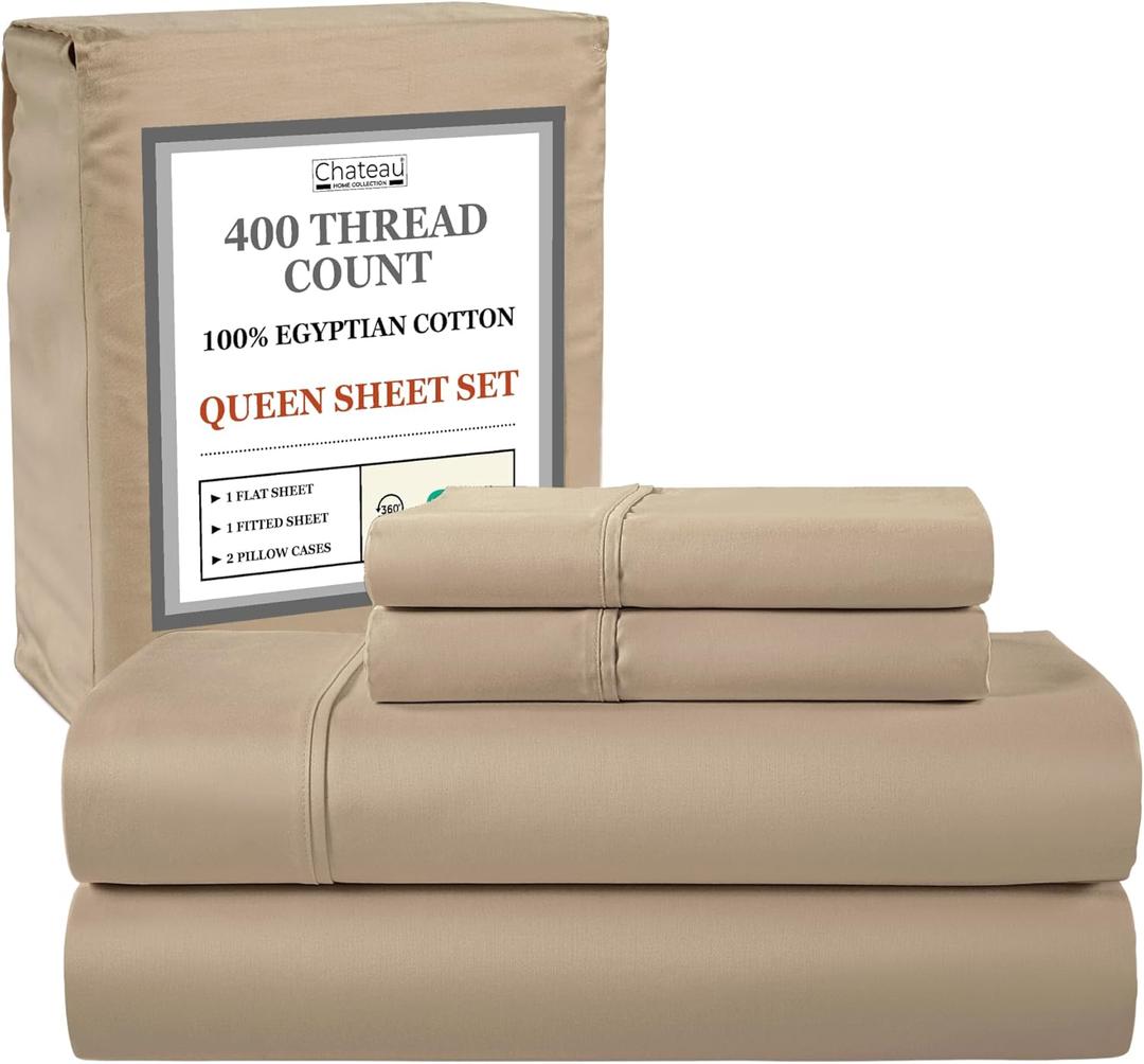 Egyptian Cotton Sheets Queen Size Set, 400 Thread Count, 15" Deep Pocket Queen Sheet Set, Luxury Sateen Weave, Naturally Cool, Soft & Breathable Luxury Bedding for All Seasons, Taupe