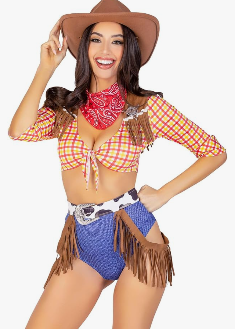 Leg Avenue Women’s 5 PC Playful Cowboy Halloween Costume with Red Bandana Size Large