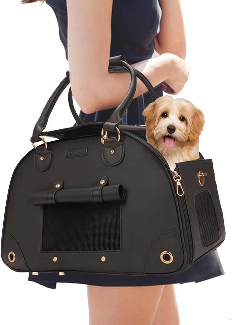 Dog Carrier, Cat Carrier, Pet Carrier, Foldable Premium PU Leather Dog Purse, Portable Tote Bag Carrier for Small to Medium Cats and Small Dogs Black-Medium