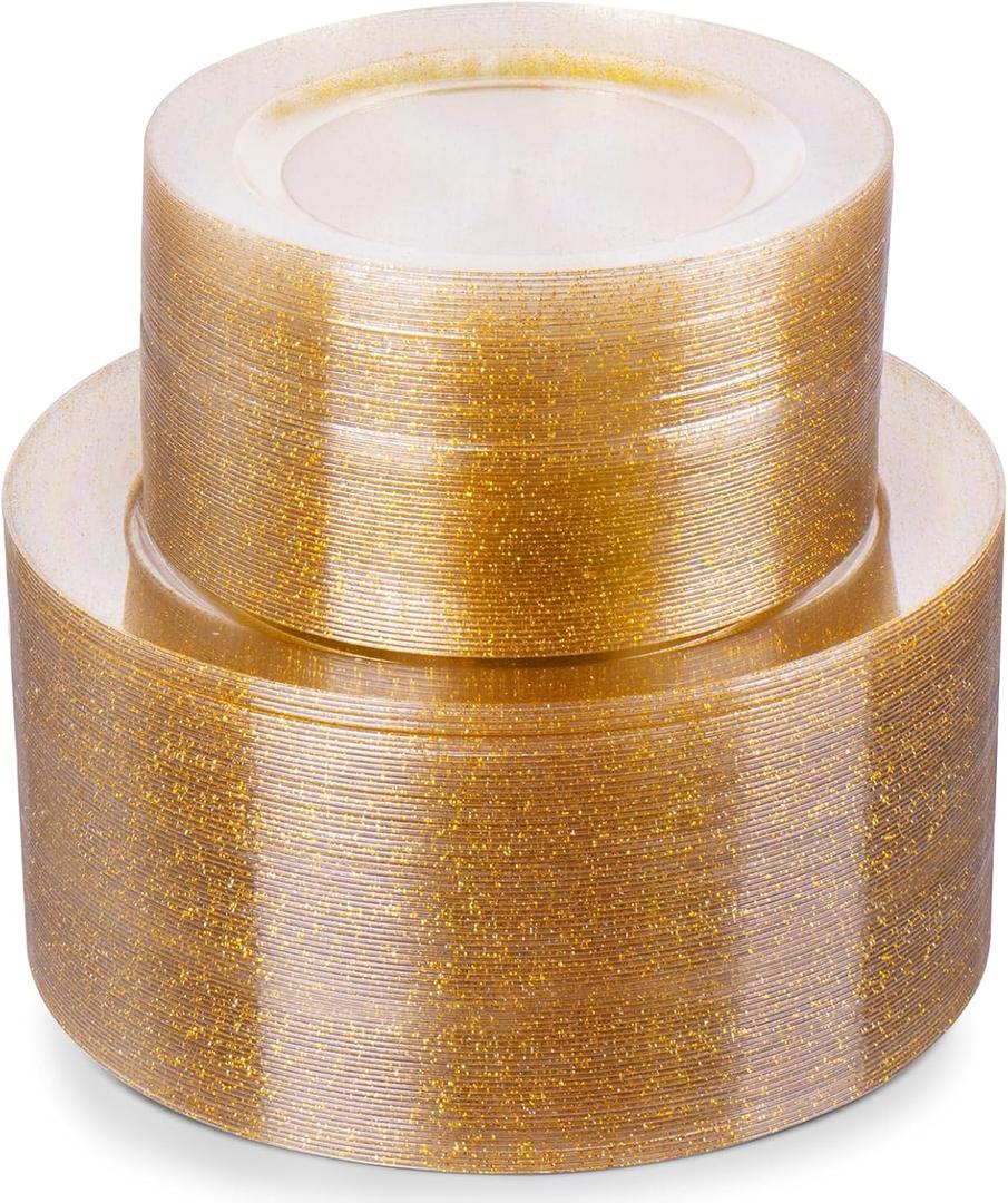 Goodluck 200PCS Gold Glitter Plastic Plates, Heavy Duty Disposable Gold Glitter Plates with 100 10.25 inch Dinner Plates, 100 7.5 inch Dessert Plates, Disposable Plates for Party, Wedding