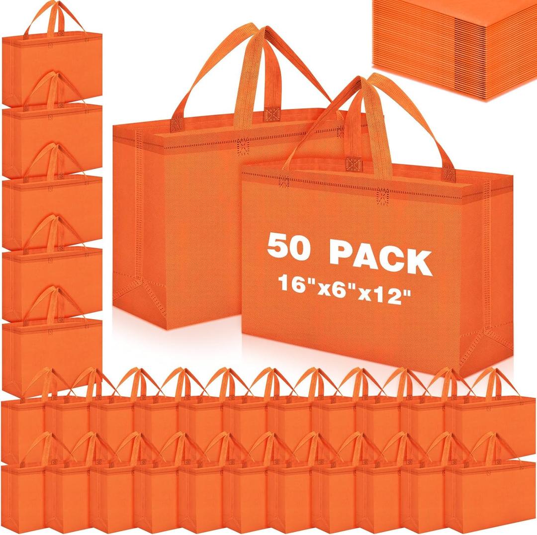 Windyun Reusable Grocery Bags Large Non Woven Shopping Bags with Handles Foldable Portable Tote, 16x6x12 Inch(16x6x12 Inch, Orange, 50 Pcs)