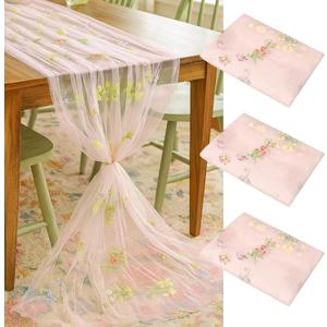 Lounsweer 3 Pcs Wildflower Table Runner 10ft/ 29 Inch x 120 Inch Embroidery Wildflower Spring Summer Tulle Lace Runner DIY Table Decor for Wedding Party Baby Shower Holiday Dining (Pink)