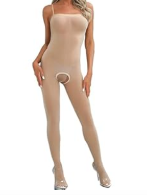 Women's Bodysuits Pantyhose Bodystocking Ultra Shimmery Stretch Toe to Bust Crotchless Body Stocking Lingerie (Beige)