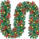 Christmas Garland with Lights, 9ft 30LED Battery Operated Garland Decorated with Pine Cones, Berry, Artificial Snowy Pine, Indoor & Outdoor Xmas Garland for Stairs Fireplace Door Fences