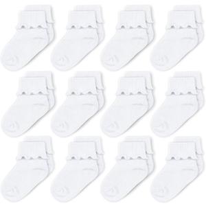 CozyWay Baby Ruffle Socks Baby Girl Turn Cuff Ankle Comfy Cotton Socks Infant - Multi Color - 12 Pack (3-5T, White)