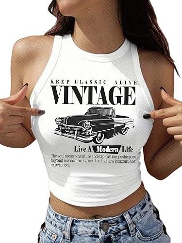 RoseSeek Women's Graphic Crop Tops Crewneck Slim Fit Sleeveless Tank Tops Summer Tops Cowgirl Shirts, Medium