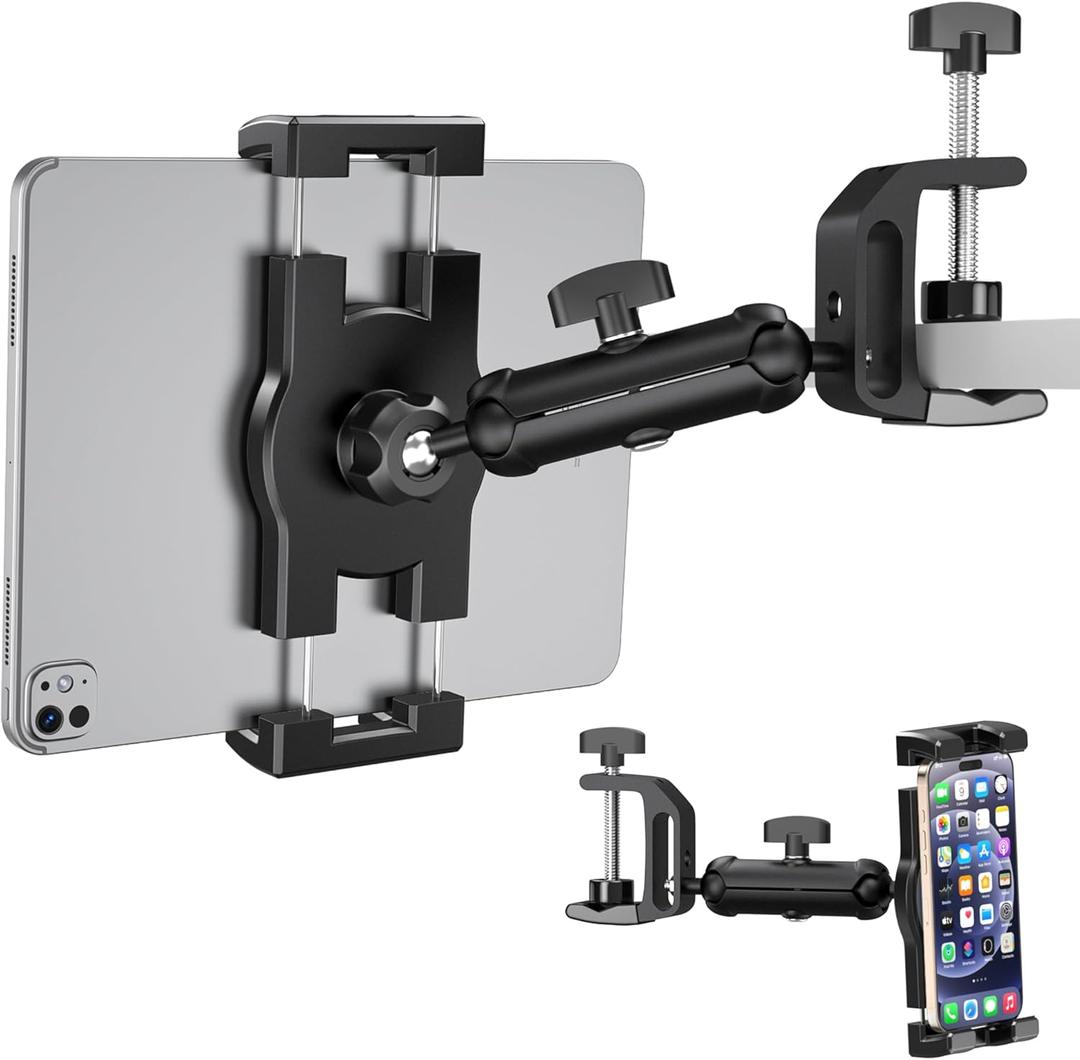 iPad Under Cabinet Mount, Kitchen Tablet Mount Holder, iPad Desk Mount w/Clamp, Aluminum Base&Metal Arm, 360 Rotation, Compatible with 4.7"-12.9" iPad Pro/Air/Mini/Kindles/Galaxy Tab/Phones