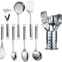 Berglander Cooking Utensil Set 8 Piece, Stainless Steel Kitchen Tool Set with Stand,Cooking Utensils, Slotted Tuner, Ladle, Skimmer, Serving Spoon, Pasta Server,Potato Maseher, Egg Whisk. 8 Pieces