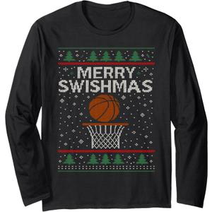 Merry Swishmas Ugly Christmas Sweater Basketball Jumper Xmas Long Sleeve T-Shirt, XL