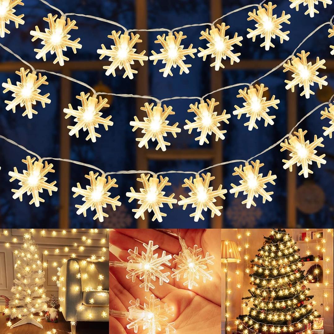 2 x TURNMEON [ Timer 19.7 Ft 50 LED Snowflake Lights Decor, Battery Operated Fairy String Christmas Tree Lights Decorations Outdoor Indoor Xmas Party Home Bedroom Wedding Holiday Garden Decor(Warm White)