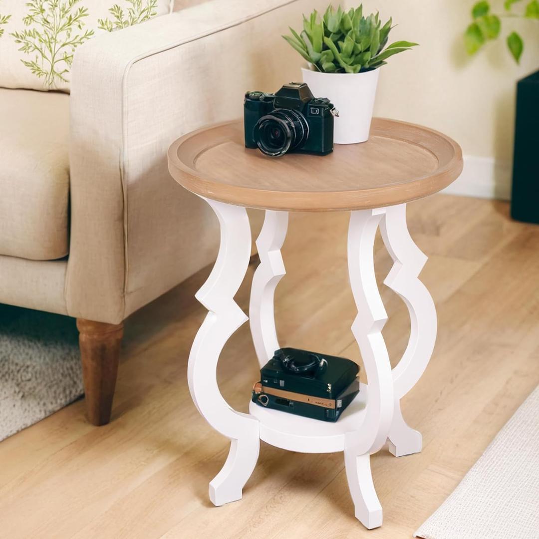 Farmhouse End Table, Wooden Round Side Table, 2 Tiers Accent Table for Family, Living Room or Small Spaces, Concave Legs, White and Brown (White&brown)