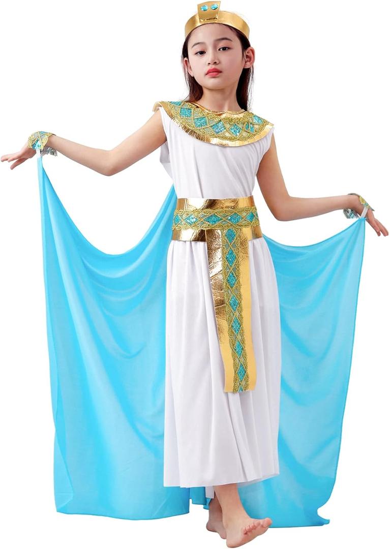 Cleopatra Costume Kids Girls: Egyptian Costume Kids - Cleopatra Dress with Accessories for Halloween Carnival Cosplay (Large, White)