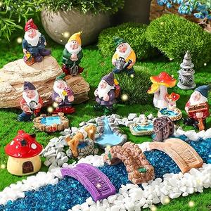 Unittype 19 Pcs Gnome Garden Accessories Tiny Fairy Gnome Figurines Miniature Bridge Mushroom Lighthouse Water Well Pond Resin Garden Decorations Miniature Figurines for Craft