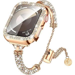 LETOID Bling Band & Case Compatible with Apple Watch 40mm 41mm 42mm 44mm 45mm 46mm Series 11 10 9 8 7 6 5 4 SE for Women, Fancy Metal iWatch Bands Rhinestone Bracelet Dressy Strap with Face Cover (Rose Gold)