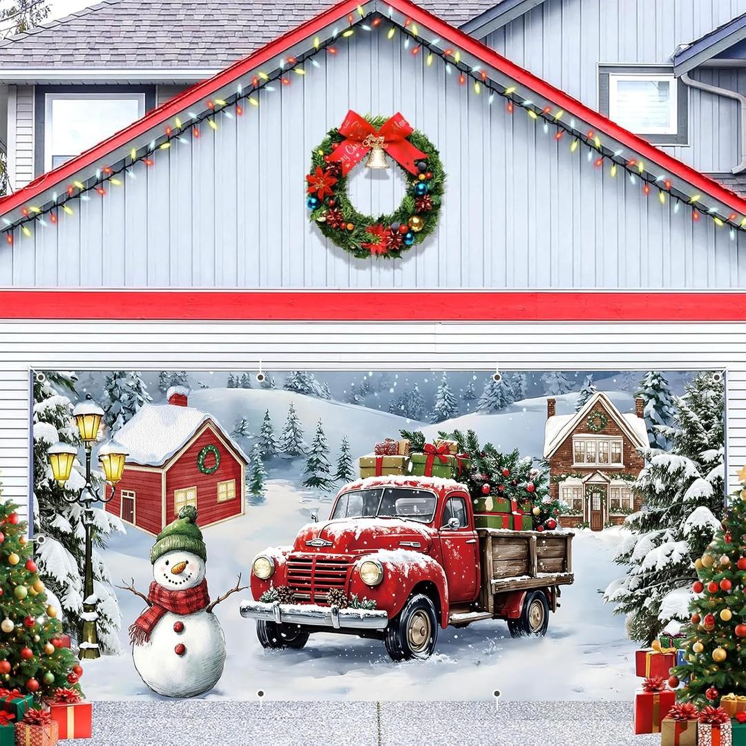 Christmas Garage Door Cover Decorations 7x16ft Winter Rruck Snowman Village Snow Backdrop Banner Merry Xmas Holiday Party Background Murals Decor Outdoor Polyester Fabric
