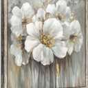 Floral Pictures Wooden Artwork Framed: White Lily Wall Art Botanical with Golden Foil Paintings on Wood Plank for Bedroom (12W x 12H, Multi-Sized/Material)