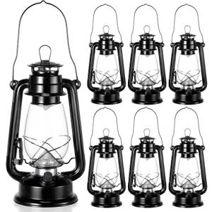 Hortsun 6 Pcs 12 Inch Vintage LED Hurricane Lantern Metal Black Outdoor Battery Operated Hanging Lantern with Warm LEDs and Dimmer Switch for Indoor Rustic Farmhouse Country Camping Decor