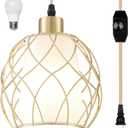 Plug-in Pendant Light, Hanging Lamp with Linen Shade, 15ft Golden Cotton Cord, Plug-in Light Fixture for Bedroom (Bulb Included)