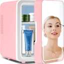 Skincare Fridge With Dimmable LED Mirror, 4L Makeup Mini Fridge for Bedroom, Cosmetics, SkinCare, Cooler & Warmer, Portable Small Refrigerator for Car, Office and Food- Pink