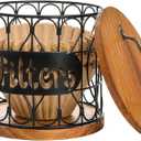 Frcctre Coffee Filter Holder with Wood Lid, Large Capacity Coffee Filter Storage Container Metal Wire K Cup Pod Organizer Basket, Coffee Bar Accessories Decor
