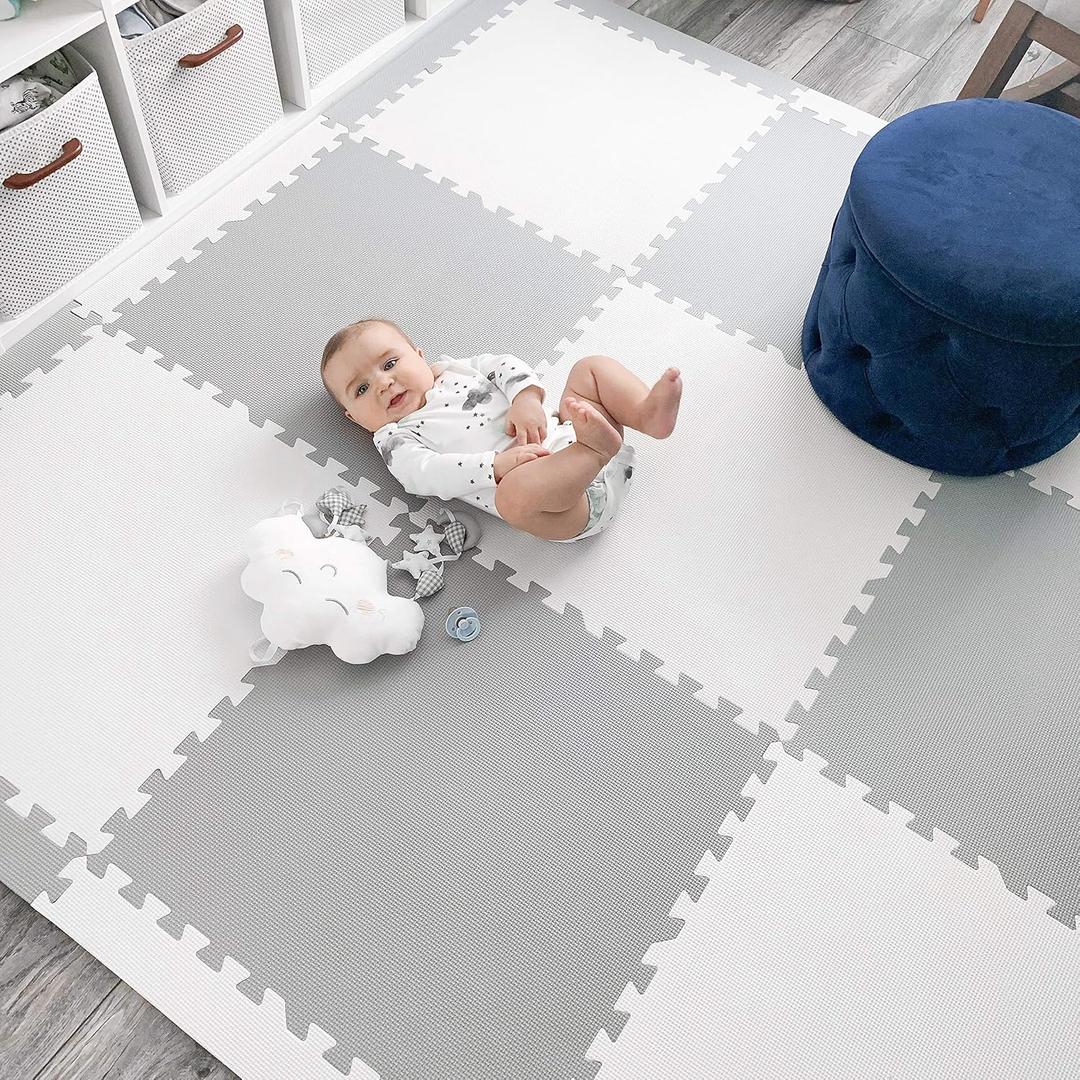 Extra Large Baby Play Mat Tiles Thick Foam Non-Toxic Floor Puzzle Mat Interlocking Activity Playmat for Infants Toddlers Kids Crawling Tummy Time 74x74 Inches (Grey/White)
