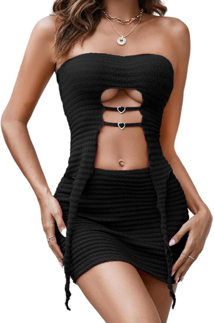 Kaei&Shi 2000s Mini Skirt 2 Piece Set, Sexy Night Out, Rave Party Clubwear (4-6, Black)