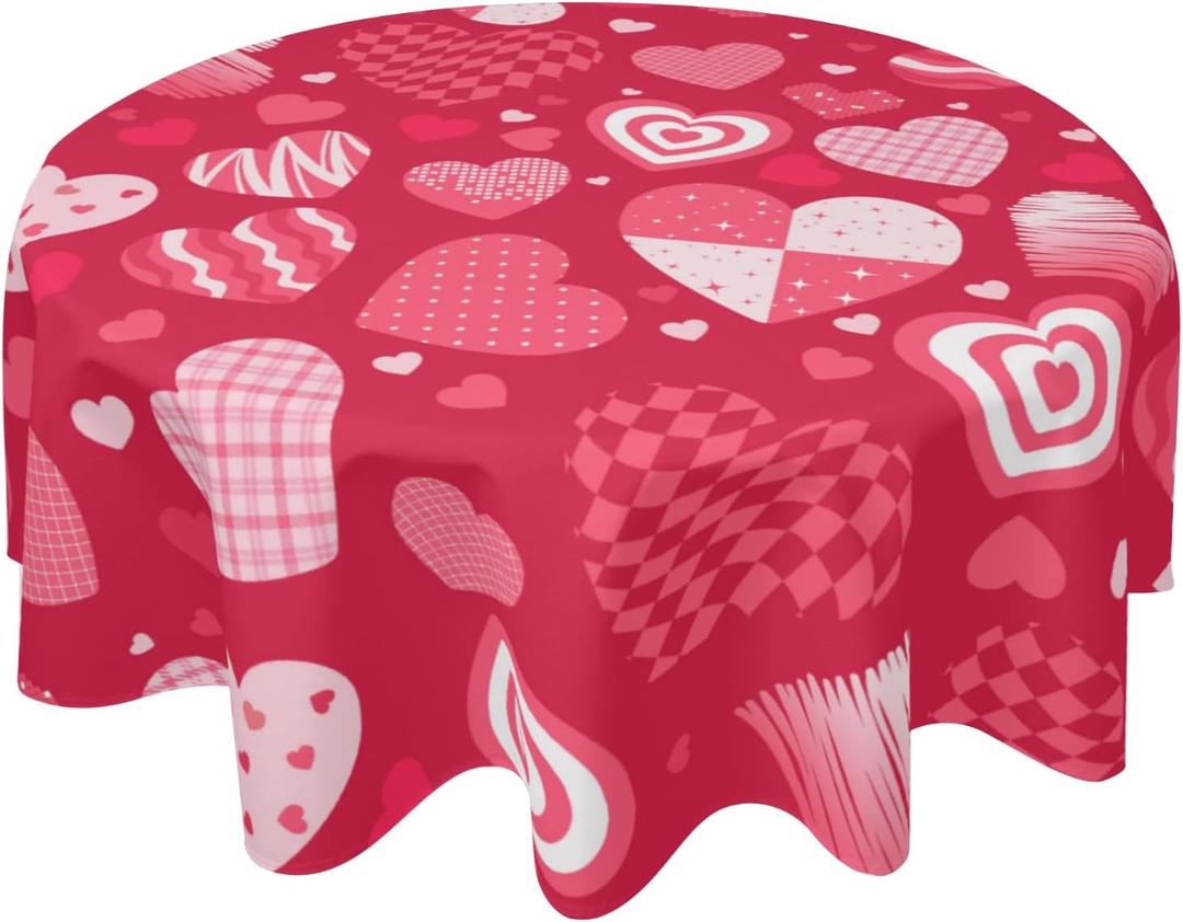 Valentine's Day Tablecloth Red and Pink Love Heart Round Tablecloth 60 Inch Valentines Day Pink Table Cloth for Farmhouse Kitchen Decor Polyester Fabric Holiday/Spring Table Cover for Party Outdoor