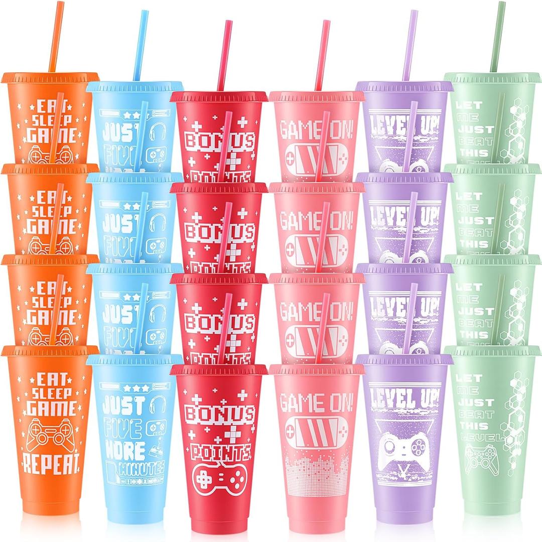 Mifoci Video Game Plastic Cups with Lids and Straws Reusable Tumbler with Lid and Straw Cute Iced Coffee Travel Cups Mug Water Bottle for Adult Kid Gaming Birthday Supplies(Stylish color,24 Pcs), about 7 inches in height, 24 oz/ 710 ml