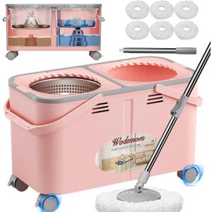 2026 Upgraded Gen 2 Spin Mop and Bucket Set with 4 Swivel Wheels for Easy Rolling, Separates Clean & Dirty Water, Floor Mop with 6 Washable Mop Heads for Wood, Tile, Vinyl, Baseboards - Pink