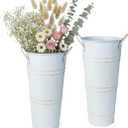vensovo 9" Tall Galvanized Flower Bucket, 2 Pcs French Metal Vases with Handles, Tabletop Rustic Floral Buckets for Dried Flowers, Wedding Flower Bar & Home Decor, Distressed White