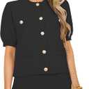 Women's Button Down Knit Cropped Cardigan Short Puff Sleeve Crewneck Casual Open Front Sweater Tops with Pockets  S