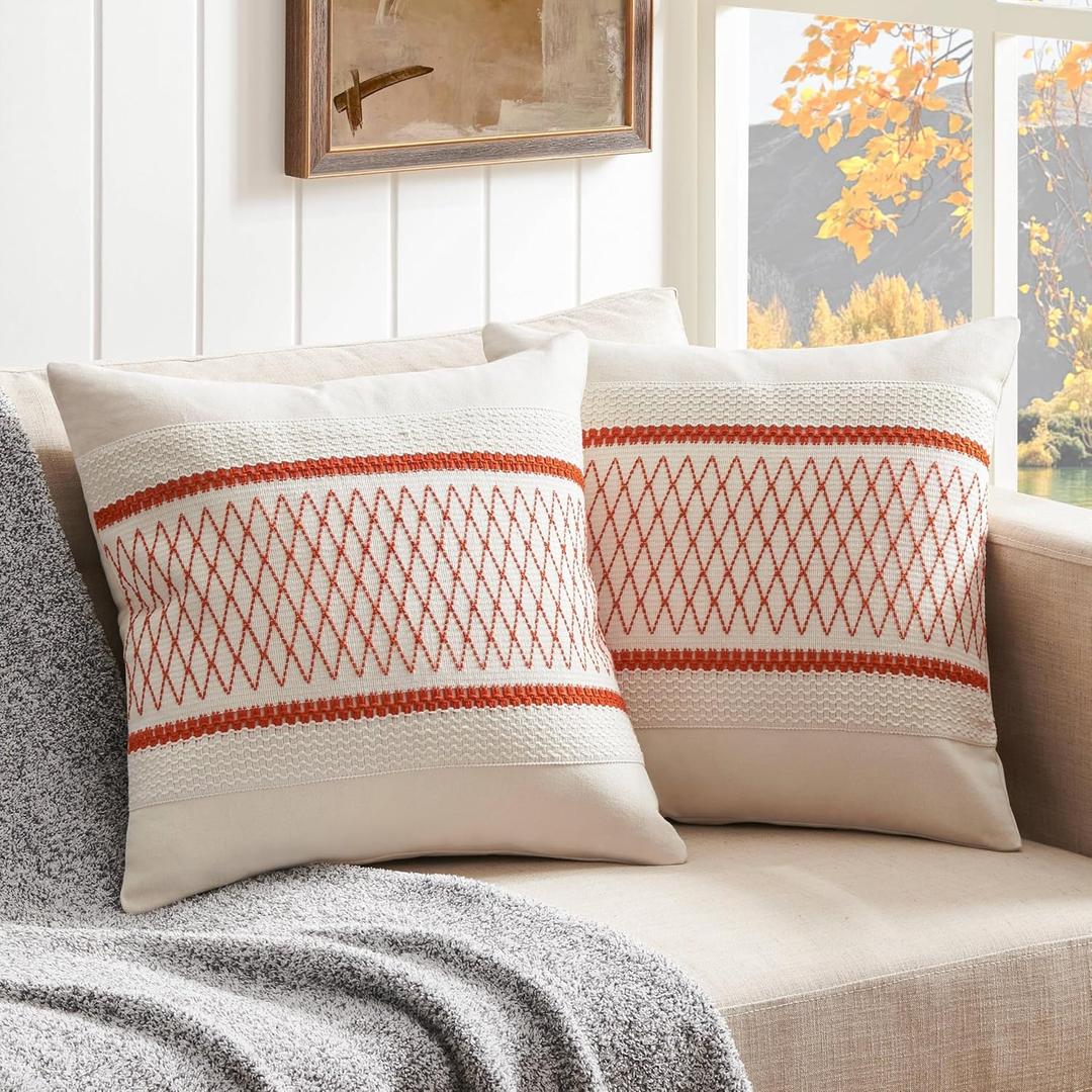 ZeeMart 2 Packs Cotton Boho Throw Pillow Covers 20x20 Inch Grid Orange, Soft Farmhouse Decorative Fall Couch Pillow Cases Burnt Orange Cushion Covers for Sofa Bed Living Room Home Decor