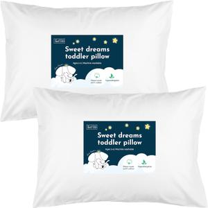 Cotton Toddler Pillow Set (2 Pack) - 13x18 Soft 100% Cotton Pillows for Toddler & Kids - Washable Bedding Nap Pillow for Sleeping (White)