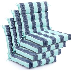 Barydat 4 Pcs Tufted High Back Chair Cushion Indoor Outdoor Seat and Back Cushions Palm Leaves Tropical Plants Lawn Rocking Chair Pads with Ties for Adirondack Patio Garden(Light Blue Stripes), 43.4 x 21 x 3.3 inches