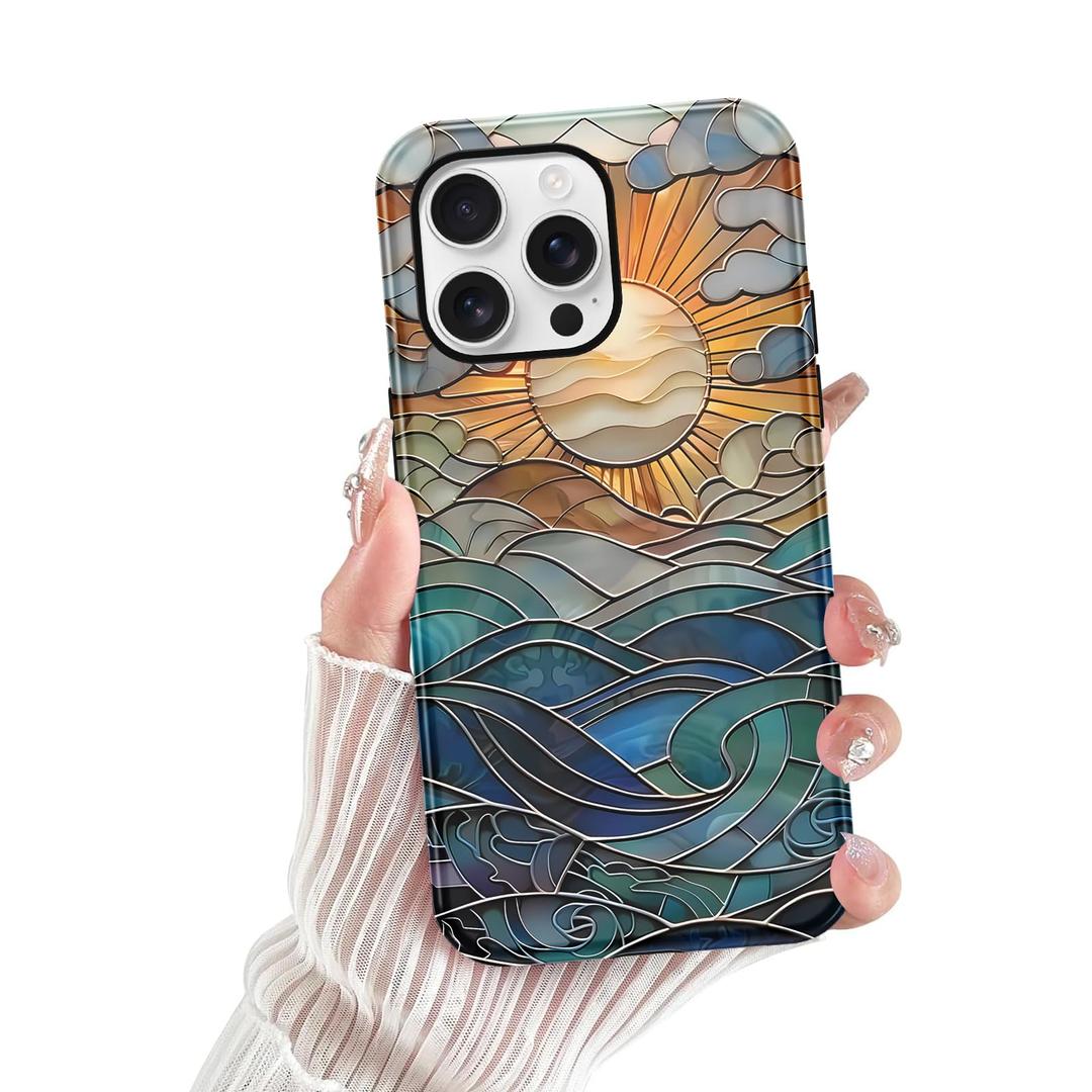 lioscre for iPhone 16 Pro Stained Glass Phone Case 6.3", Aesthetic Sun Beach Ocean Waves Art Case Cute Pattern Print Design Cover Anti-Scratch Glossy 2-Layer Hard Prevention Funda for Woman Girls Men