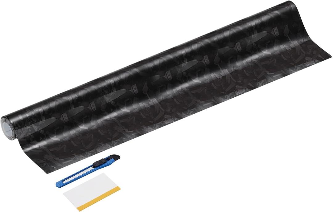 HARFINGTON 1 Set Carbon Fiber Vinyl Wrap 16" x 5ft PET Forged Self-Adhesive Car Sticker Waterproof Wrap Roll with Scraper Tool for DIY Decor Automotive Exterior Protection, Black-silver