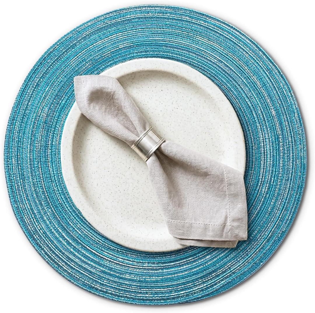 AHHFSMEI Round Braided Placemats Set of 6 Woven Table Mats for Dining Table Heat Resistant Easy to Clean Perfect for Kitchen & Home Decor (Silver Blue)