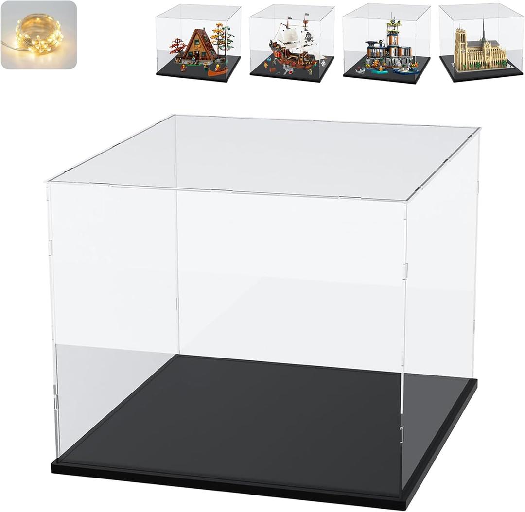 Thickened Clear Acrylic Display Case for Lego 60419 31109 21061 21338 76435 76294, Transparent Box Large Dustproof Protection with Wood-Plastic Base & String Light, Black Inside 19.7x11.8x15.7inch (19.7 x 11.8 x15.7 inch Internal)