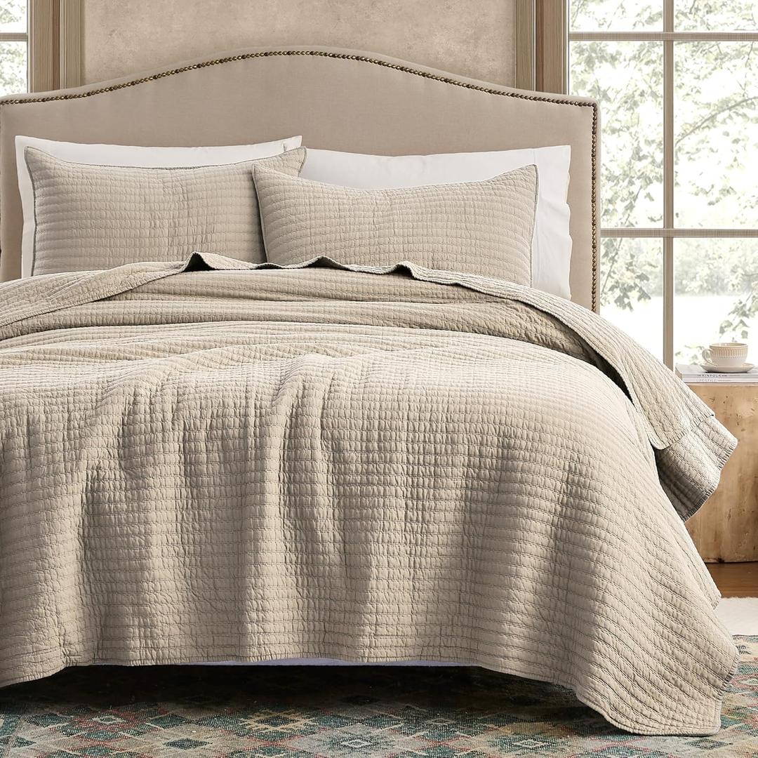 WDCOZY 100% Cotton Oversized King Size Quilt Set - Beige California Cal King Striped Pick Stitch Soft Lightweight Bedspread, Textured Like Linen, Farmhouse Country Rustic Coverlet, 3 Pieces