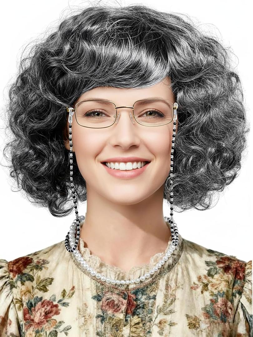 Old Lady Wig for Women Gray Granny Curly Wig with Necklace and Glasses for Halloween Costume Party Cosplay