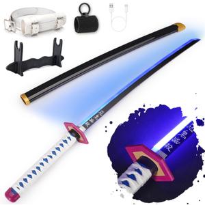RENGENG Light Up Sword, 40 Inches Rechargeable Plastic Anime Replica with Belt & Stand, Original Texture Anime Sword (Giyu)