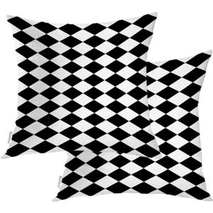Black White Pillow Cover, Black and White Diamond Harlequin Pattern Square 18 x 18 Inches Decorative Throw Pillow Covers Cotton Cushion for Sofa Bedroom Car, Black, Set of 2