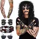 7 Pcs Rocker Costume Men's Wigs Black Curls Disco Men's Party Costume Men with Wigs Sunglasses Beards Sleeves Gloves Headscarves for 70s 80s 90s