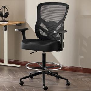 Drafting Chair Tall Office Chair with 3D Armrest for Standing Desk, Mesh Ergonomic Office Chair Adjustable Height with Adjustable Lumbar Support and Footrest Ring, Black