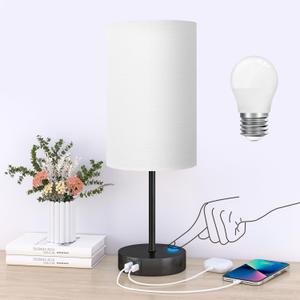 AKASUKI 18Inch Table Lamp with Dual Charging Station, 3 Way Dimmable Touch Lamp for Bedroom, Living Room, Office(LED Bulb Included) (White Shade-Black Base)