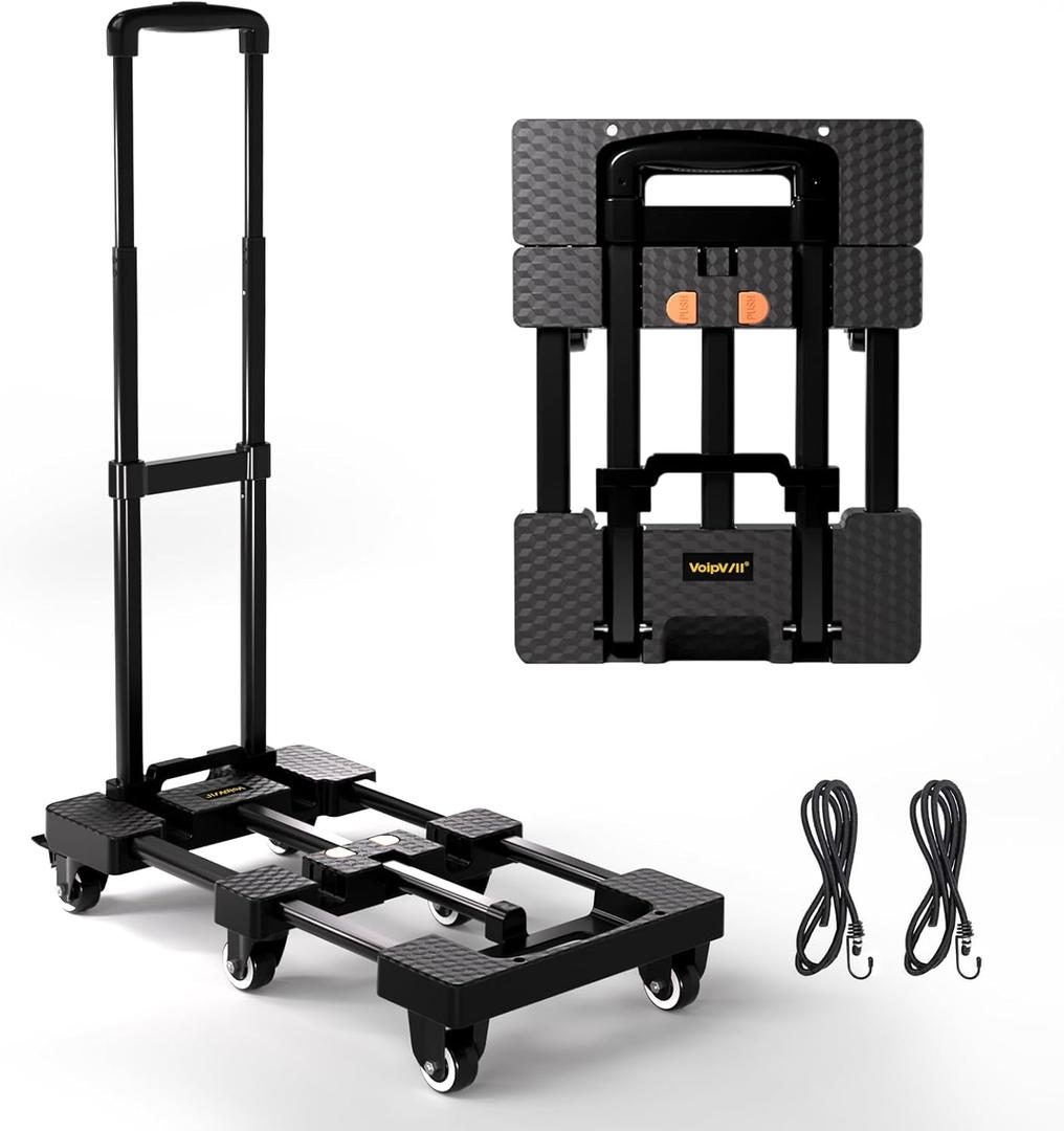 Voipvvii Folding Hand Truck 500lbs, Portable Heavy Duty Dolly Cart, 6 Wheels Collapsible Luggage Cart with 2 Elastic Ropes - Compact Trolley Cart for Easy Moving - Ideal Hand Cart for Travel and More (1.70, Black)